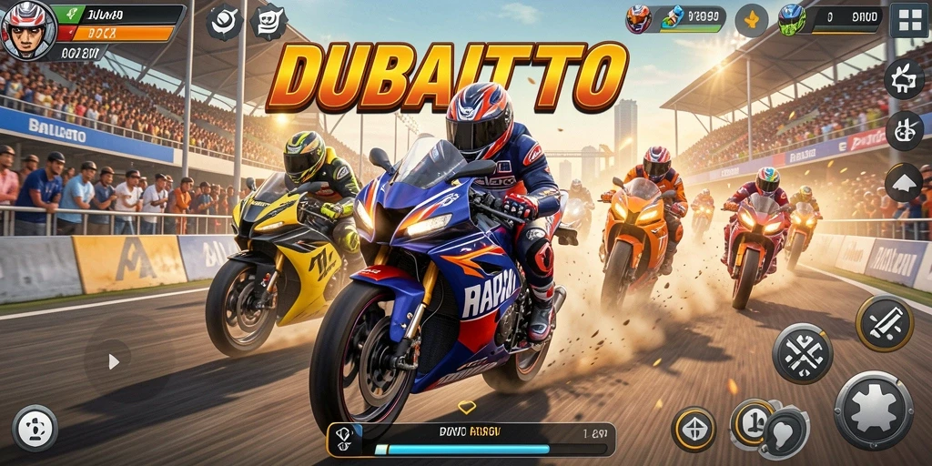 Screenshot DUBAITOTO menampilkan aksi balapan motor yang mendebarkan.