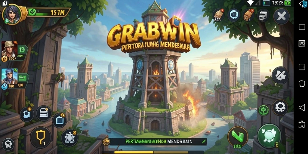 Tampilan gameplay menegangkan dari GRABWIN dalam pertahanan menara.
