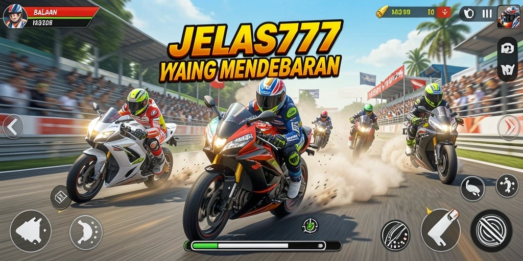 Tampilan utama gameplay JELAS777 dengan balapan motor yang seru.