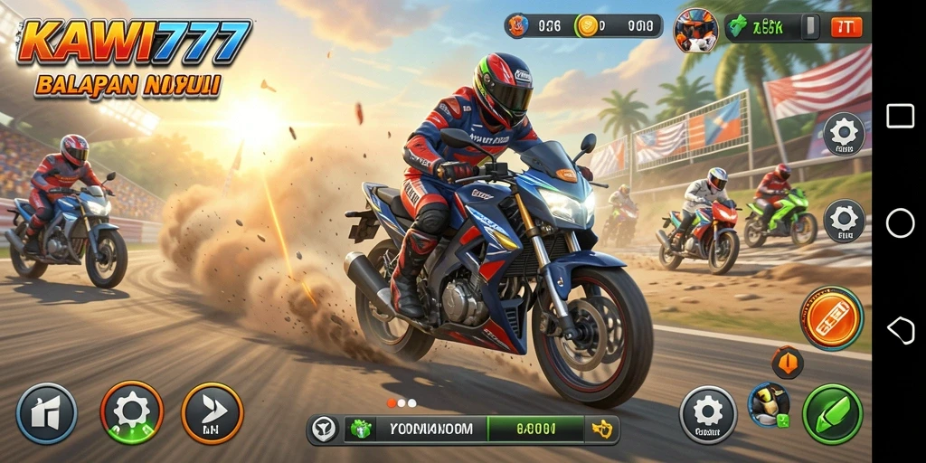 Screenshot gameplay KAWI777 menampilkan balapan motor yang mendebarkan.