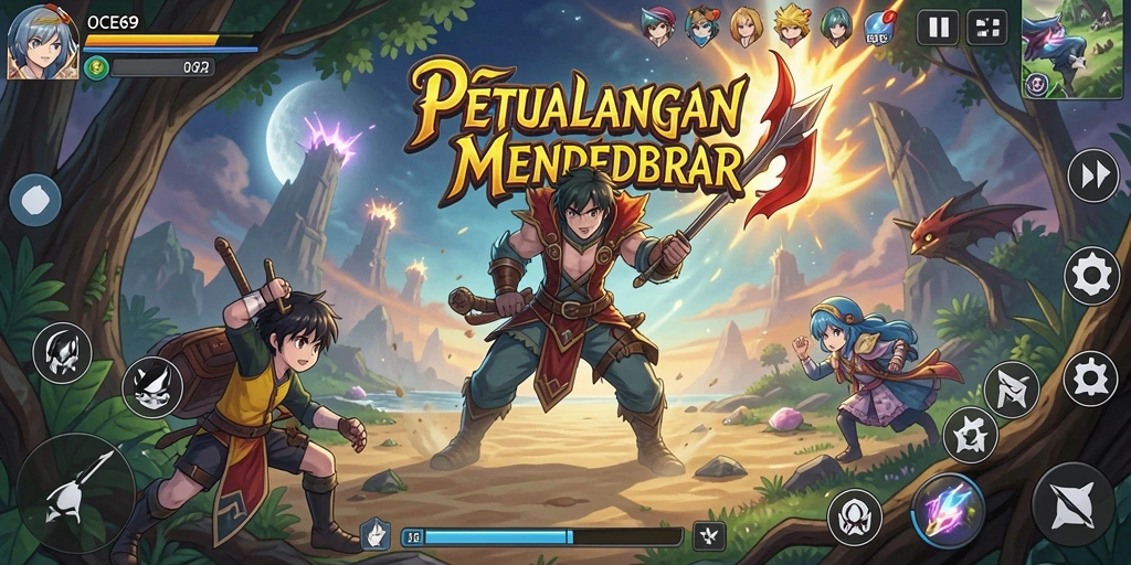Tampilan gameplay OCE69 dengan karakter anime yang menarik dan aksi seru.