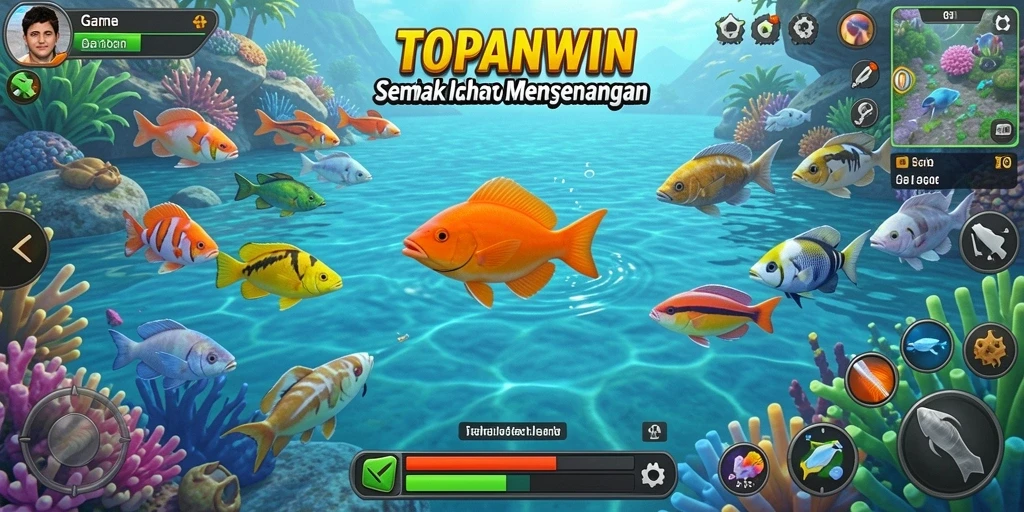 Tampilan gameplay seru dari TOPANWIN, menangkap ikan dengan berbagai senjata.