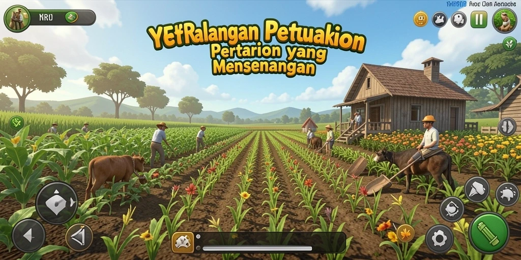 Tampilan gameplay memukau dengan ladang yang berwarna-warni dan hewan ternak.